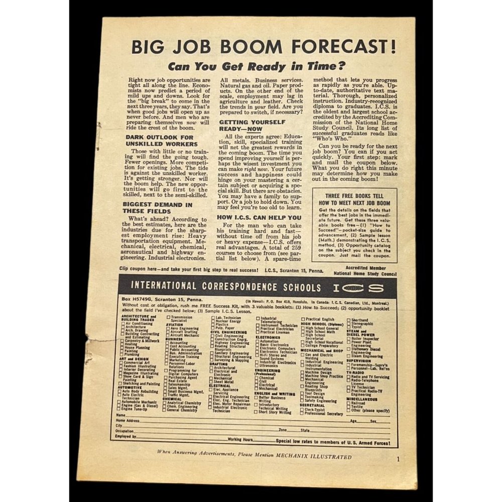 ICS International Correspondence School Print Ad Vintage 1963 Job Boom
